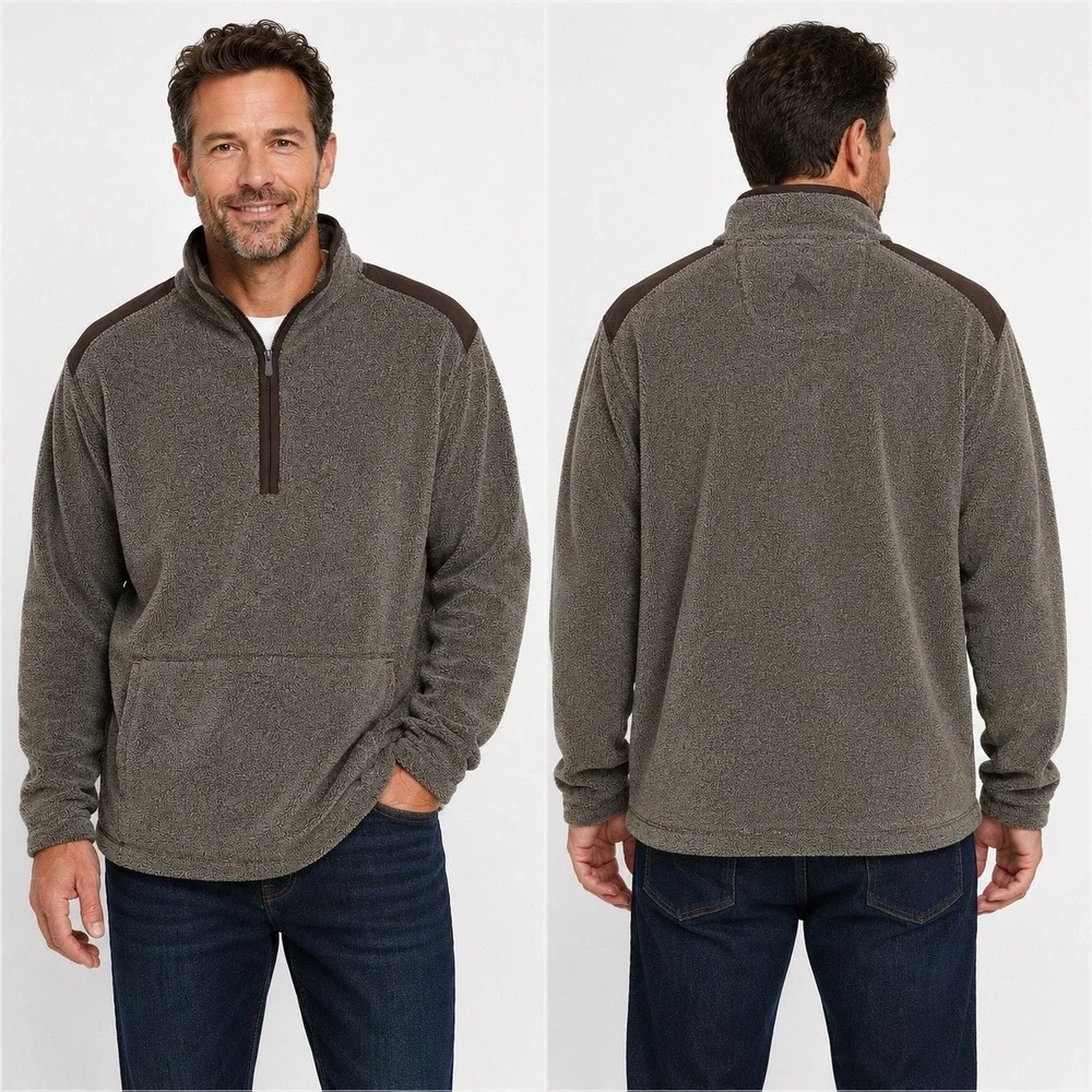 Tommy Bahama‎ Mens Brown Marl High Pile Fleece Quarter Zip Pullover XL Pockets